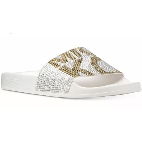 Sz10 nwot michael Kors Gilmore pool slide sandals w/logo bling gold white rhines - Picture 3 of 9